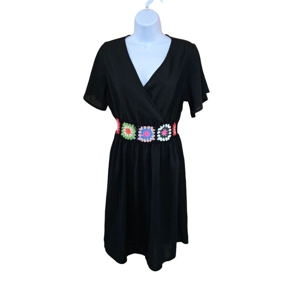 Black Short Sleeve faux Wrap Dress  Vibrant Crochet Waistband boho whimsygoth